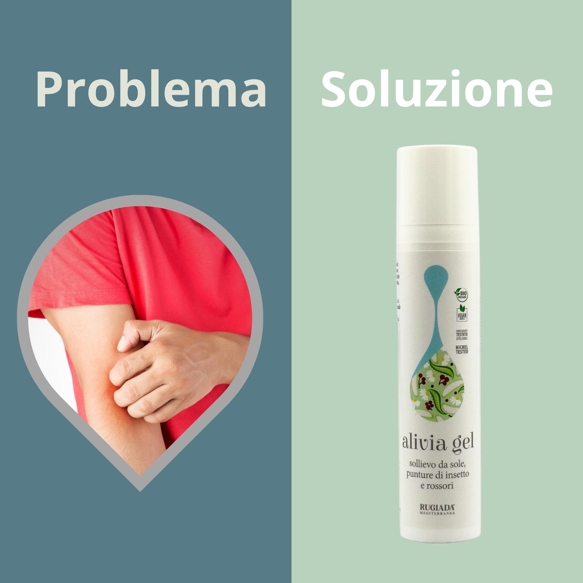 Immagine comparativa tra un uomo che si gratta il braccio e il flacone di Alivia Gel come soluzione.
