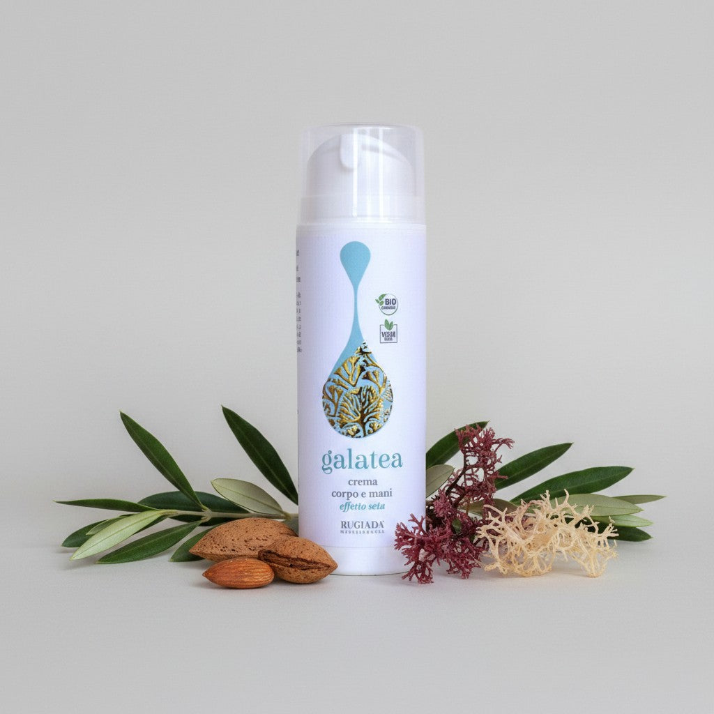 Rugiada® Mediterranea Galatea crema corpo e mani setificante 150ml, idratante effetto matt con alga rossa, mandorle e oliva.