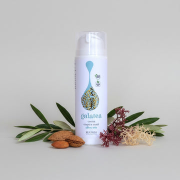 Rugiada® Mediterranea Galatea crema corpo e mani setificante 150ml, idratante effetto matt con alga rossa, mandorle e oliva.