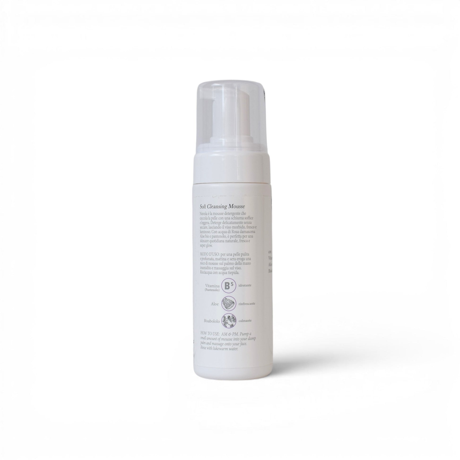 Flacone 150ml di Nuvola, mousse detergente viso Rugiada® Mediterranea con attivi idratanti, formula delicata e vegana