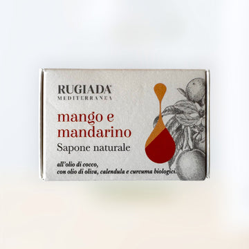 Sapone naturale all'olio di Cocco e di Oliva bio 100 g. Fragranza mango e mandarino. Metodo artigianale a freddo.
